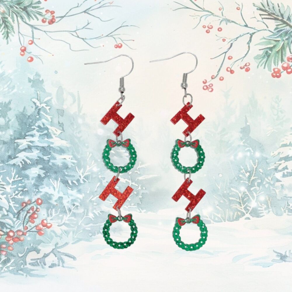Red Green Ho Ho Christmas Wreath Long Dangle Earrings